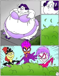 Size: 1024x1324 | Tagged: suggestive, artist:robot001, derpibooru import, edit, editor:feherdavid, apple bloom, rarity, scootaloo, sweetie belle, comic:rounding rarity, equestria girls, breasts, clothes, comic, commission comic, commissioner:bluepufflextreme, cutie mark crusaders, fat, female, inverted mouth, morbidly obese, obese, raritubby, show stopper outfits