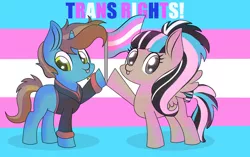 Size: 2223x1400 | Tagged: safe, artist:pizza lord, derpibooru import, oc, oc:drizzle dots, oc:zozer, unofficial characters only, pegasus, pony, unicorn, :p, duo, hoof hold, looking at you, pride, pride flag, tongue out, trans rights, transgender