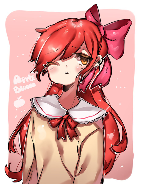 Size: 902x1175 | Tagged: safe, artist:kmprsyaa, derpibooru import, apple bloom, human, blushing, cute, female, humanized, one eye closed, ribbon, solo