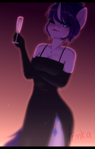 Size: 1587x2496 | Tagged: safe, artist:timkaa, derpibooru import, rarity, anthro, unicorn, alternate hairstyle, breasts, busty rarity, champagne glass, cleavage, clothes, cutie mark, dress, elegant, evening gloves, glass, gloves, jewelry, lipstick, long gloves, necklace, one eye closed