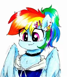 Size: 2031x2312 | Tagged: safe, artist:liaaqila, derpibooru import, rainbow dash, pegasus, pony, alternate hairstyle, chest fluff, choker, chokerdash, clothes, crying, cute, dashabetes, ear fluff, ear piercing, earring, female, hoodie, jewelry, mare, piercing, simple background, solo, tears of joy, traditional art, white background