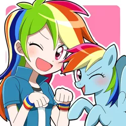 Size: 680x680 | Tagged: safe, artist:ryuu, color edit, derpibooru import, edit, editor:michaelsety, rainbow dash, human, pegasus, pony, equestria girls, anime, blushing, clothes, colored, cute, dashabetes, female, human coloration, human ponidox, jacket, light skin, light skin edit, looking at you, mare, one eye closed, open mouth, self ponidox, simple background, skin color edit, wink, wristband