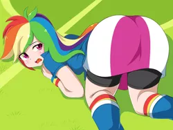 Size: 1600x1200 | Tagged: suggestive, artist:umejiru, color edit, derpibooru import, edit, editor:michaelsety, rainbow dash, equestria girls, all fours, ass, ass up, blue boots, blushing, boots, butt, clothes, colored, compression shorts, face down ass up, female, grass, human coloration, light skin, light skin edit, looking back, looking pleasured, multicolored hair, open mouth, pink eyes, rainbow hair, rainbow socks, rainbutt dash, shiny skin, shoes, shorts, shorts under skirt, skin color edit, skirt, soccer field, socks, solo, solo female, striped socks, tomboy, wristband