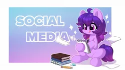 Size: 1174x660 | Tagged: safe, artist:colorfulcolor233, derpibooru import, oc, oc:share dast, unofficial characters only, earth pony, pony, book, eraser, notebook, pencil, solo, tongue out