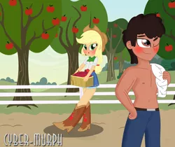 Size: 5777x4853 | Tagged: safe, artist:cyber-murph, derpibooru import, applejack, oc, oc:omega, human, equestria girls, apple, apple tree, belly button, belt, blushing, boots, canon x oc, carrying, clothes, commission, cowboy hat, food, hat, jeans, nipples, nudity, pants, partial nudity, ponytail, shoes, signature, skirt, sweet apple acres, topless, tree