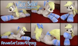 Size: 5141x3060 | Tagged: safe, artist:qtpony, derpibooru import, derpy hooves, pony, bow, clothes, hair bow, irl, life size, lying down, photo, plushie, prone, socks, solo, stockings, striped socks, tail bow, thigh highs