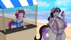 Size: 1920x1080 | Tagged: suggestive, artist:mad'n evil, derpibooru import, oc, oc:lilac prose, oc:magna-save, unofficial characters only, anthro, pony, unicorn, series:the wrong lotion, anthro oc, beach, belly, big belly, big breasts, bikini, breasts, clothes, grin, hips, huge breasts, lotion, lotion bottle, muffin top, plump, plus size, sling bikini, smiling, swimsuit, thighs, thunder thighs, unsure, water, weight gain sequence, wide hips