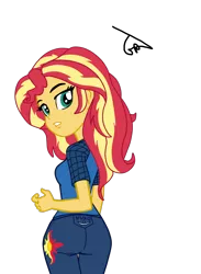 Size: 1054x1440 | Tagged: safe, artist:gmaplay, derpibooru import, idw, sunset shimmer, equestria girls, spoiler:comic, spoiler:comicequestriagirlsmarchradness, ass, behind, bunset shimmer, butt, clothes, female, looking back, multicolored hair, shirt, shorts, simple background, solo, sports shorts, sporty style, t-shirt, transparent background, yellow skin