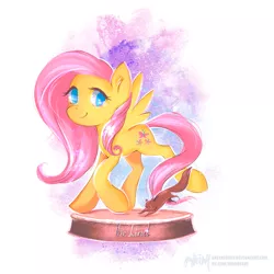 Size: 1200x1200 | Tagged: safe, artist:greyredroy, derpibooru import, part of a set, fluttershy, pegasus, pony, squirrel, fallout equestria, abstract background, be kind, fanfic art, female, figurine, looking at you, mare, ministry mares, ministry mares statuette, raised leg, smiling, solo, spread wings, standing, statuette, three quarter view, wings