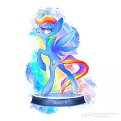 Size: 1200x1200 | Tagged: safe, artist:greyredroy, derpibooru import, part of a set, rainbow dash, pegasus, pony, fallout equestria, abstract background, bipedal, fanfic art, female, figurine, mare, ministry mares, ministry mares statuette, open mouth, profile, raised hoof, reaching, solo, spread wings, standing, statuette, wings