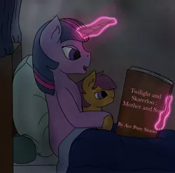 Size: 2429x2401 | Tagged: safe, artist:snow quill, derpibooru import, scootaloo, twilight sparkle, fanfic:twilight and skaterloo: mother and son, bed, book, commission, cover art, magic, night, reading, rule 63, skaterloo, story in the source