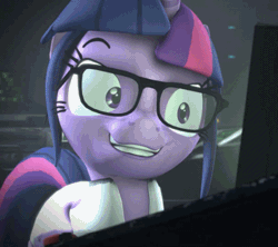 Size: 450x400 | Tagged: safe, artist:argodaemon, derpibooru import, sci-twi, twilight sparkle, alicorn, pony, 3d, animated, clothes, crazy grin, creepy, female, gif, glasses, grin, heavy breathing, lab coat, mad scientist, mad scientist grin, mare, rocket surgery, science, scitwilicorn, smiling, solo, source filmmaker, twilight snapple