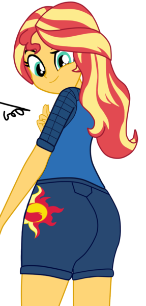 Size: 540x1129 | Tagged: safe, artist:gmaplay, derpibooru import, sunset shimmer, equestria girls, spoiler:comic, spoiler:comicequestriagirlsmarchradness, ass, behind, bunset shimmer, butt, buttocks outline, clothes, female, long hair, looking back, multicolored hair, shirt, shorts, simple background, solo, sports shorts, sporty style, t-shirt, transparent background, yellow skin