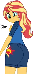 Size: 540x1129 | Tagged: safe, artist:gmaplay, derpibooru import, sunset shimmer, equestria girls, spoiler:comic, spoiler:comicequestriagirlsmarchradness, ass, behind, bunset shimmer, butt, buttocks outline, clothes, female, long hair, looking back, multicolored hair, shirt, shorts, simple background, solo, sports shorts, sporty style, t-shirt, transparent background, yellow skin