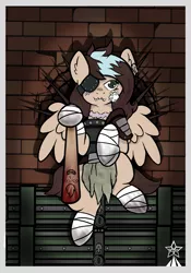 Size: 2097x3000 | Tagged: safe, artist:devorierdeos, derpibooru import, oc, oc:keetch, pegasus, pony, fallout equestria, baseball bat, box of weapons, brick wall, raider, raider armor, shadow