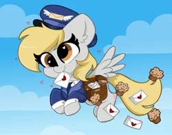 Size: 2048x1606 | Tagged: safe, artist:kittyrosie, derpibooru import, derpy hooves, my little pony: pony life, unboxing day, spoiler:pony life s01e18, spoiler:pony life s01e30, cloud, cute, derpabetes, ear fluff, female, flying, food, heart, letter, mailmare, mouth hold, muffin, sky, solo, spread wings, wings