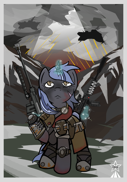 Size: 2097x3000 | Tagged: safe, artist:devorierdeos, derpibooru import, oc, oc:heavy, pony, unicorn, fallout equestria, anti-machine rifle, anti-materiel rifle, armor, crossfire, enclave, enclave raptor, female, glowing horn, gun, horn, mare, mountain, rifle, sniper rifle, snow, wasteland, wastelander, weapon, zebra rifle