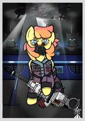 Size: 2097x3000 | Tagged: safe, artist:devorierdeos, derpibooru import, oc, oc:roumi, pegasus, pony, fallout equestria, box of weapons, enclave, enclave armor, enclave officer, enclave raptor, energy weapon, female, glasses, grand pegasus enclave, heavy weapon, mare, millitary uniform, respirator, weapon