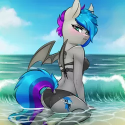 Size: 2000x2000 | Tagged: suggestive, artist:kennzeichen, derpibooru import, oc, oc:lyssa, unofficial characters only, anthro, bat pony, bat wings, beach, beach babe, bikini, bikini bottom, bikini top, blushing, breasts, butt, clothes, commission, ear fluff, fangs, female, kneeling, looking at you, lyssglute, solo, solo female, swimsuit, swimsuit babe, tsundere, wings, your character here