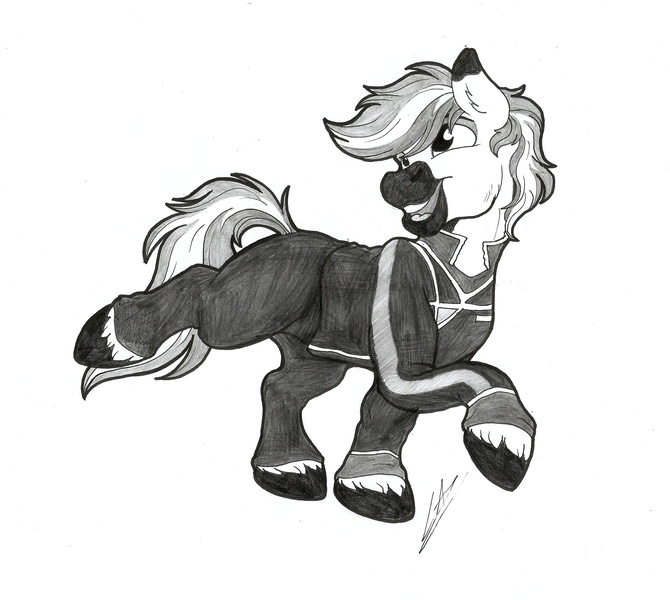 Size: 2724x2440 | Tagged: safe, artist:lupiarts, derpibooru import, oc, oc:yaktan, unofficial characters only, earth pony, babylon 5, black and white, clothes, grayscale, monochrome, patreon, patreon reward, simple background, solo, traditional art, uniform, unshorn fetlocks, white background