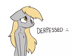 Size: 1123x865 | Tagged: safe, artist:kamikazelenna, derpibooru import, derpy hooves, pony, semi-anthro, depressed, female, floppy ears, mare, sad, sad face, simple background, solo, text, white background, wingless