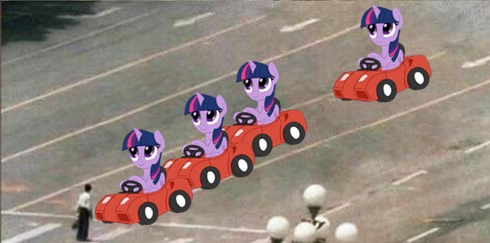 Size: 490x243 | Tagged: safe, derpibooru import, edit, twilight sparkle, human, pony, unicorn, /mlp/, 1989, car, china, clones, communism, crossing the line twice, funny, funny as hell, history, irl, parody, photo, politics, ponies in real life, protest, street, tank man, this ended in death, this will end in death, this will end in genocide, this will end in gulag, this will not end well, tiananmen square, type 59, we are going to hell