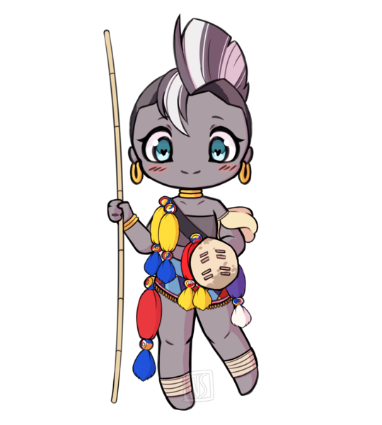 Size: 1800x2000 | Tagged: safe, artist:wintershibe, derpibooru import, zecora, human, zebra, equestria girls, african culture, barefoot, blushing, chibi, clothes, cute, ear piercing, earring, feet, female, humanized, jewelry, legs, miniskirt, mohawk, piercing, raffle prize, reed, simple background, skirt, solo, south africa, transparent background, zecorable, zulu