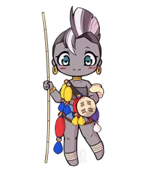 Size: 1800x2000 | Tagged: safe, artist:wintershibe, derpibooru import, zecora, human, zebra, equestria girls, african culture, barefoot, blushing, chibi, clothes, cute, ear piercing, earring, feet, female, humanized, jewelry, legs, miniskirt, mohawk, piercing, raffle prize, reed, simple background, skirt, solo, south africa, transparent background, zecorable, zulu