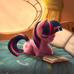 Size: 1251x1251 | Tagged: safe, artist:pinkocean93, derpibooru import, twilight sparkle, pony, unicorn, bed, book, chest fluff, crepuscular rays, cute, cutie mark, evening, eyes closed, female, golden oaks library, library, mare, pillow, ponyloaf, sleeping, solo, study, sunlight, twiabetes, unicorn twilight, window