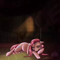 Size: 2500x2500 | Tagged: safe, artist:nyanpiyaa, derpibooru import, pinkie pie, earth pony, pony, balloon, cider, female, floppy ears, hangover, lying down, mare, morning ponies, pinkamena diane pie, pinkie's bedroom, sad, solo, tired