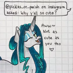 Size: 1080x1080 | Tagged: safe, artist:galaxy.in.mind, derpibooru import, oc, oc:crystal dawn, unofficial characters only, changepony, hybrid, pony, unicorn, ask, bust, female, graph paper, heart, horn, magical lesbian spawn, makeup, mare, offspring, one eye closed, open mouth, parent:princess celestia, parent:queen chrysalis, parents:chryslestia, solo, traditional art, unicorn oc, wink