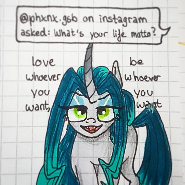 Size: 1080x1080 | Tagged: safe, artist:galaxy.in.mind, derpibooru import, oc, oc:crystal dawn, unofficial characters only, changepony, hybrid, pony, unicorn, ask, bedroom eyes, bust, female, graph paper, heart, horn, magical lesbian spawn, makeup, mare, offspring, open mouth, parent:princess celestia, parent:queen chrysalis, parents:chryslestia, solo, traditional art, unicorn oc