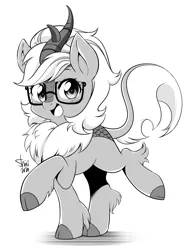 Size: 4040x5368 | Tagged: safe, artist:nekoshiei, derpibooru import, kirin oc, oc, oc:windshear, unofficial characters only, kirin, commission, cute, female, glasses, grayscale, kirinbetes, looking at you, manga style, monochrome, simple background, smiling, smiling at you, solo, white background