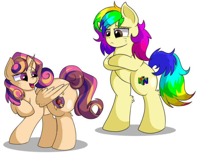 Size: 8000x6207 | Tagged: safe, artist:rainbowtashie, author:bigonionbean, derpibooru import, apple bloom, dinky hooves, scootaloo, sweetie belle, oc, oc:princess young heart, oc:rainbow tashie, alicorn, earth pony, pony, alicorn oc, alicorn princess, butt, commissioner:bigonionbean, cutie mark, extra thicc, female, flank, fusion, fusion:princess young heart, horn, mare, plot, simple background, transparent background, wings