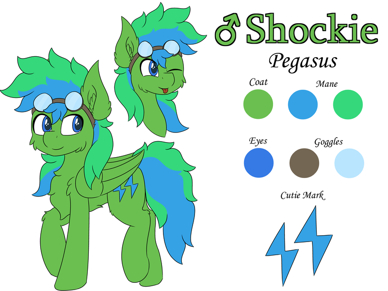 Size: 8000x6000 | Tagged: safe, artist:skylarpalette, derpibooru import, oc, oc:shockie, unofficial characters only, pegasus, pony, :p, blue eyes, cheek fluff, chest fluff, colored, cute, ear fluff, flat colors, fluffy, full body, goggles, green fur, looking back, male, pegasus oc, reference sheet, simple background, smiling, stallion, tongue out, walking, white background, wings