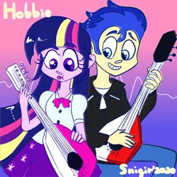 Size: 1600x1600 | Tagged: safe, artist:northernlightsone, derpibooru import, flash sentry, twilight sparkle, equestria girls, alternate hairstyle, bowtie, clothes, female, flashlight, grin, guitar, hoodie, jeans, male, musical instrument, pants, shipping, shirt, skirt, smiling, straight, tongue out