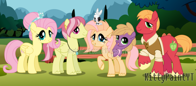 Size: 1280x565 | Tagged: safe, artist:bounswetie, artist:kittypaintyt, artist:melodysweetheart, artist:sunriseauburn, derpibooru import, big macintosh, fluttershy, little mac, oc, oc:apple tart, oc:florenshy, earth pony, pegasus, pony, rabbit, alternate timeline, animal, base used, family, female, fluttermac, male, offspring, older, older big macintosh, older fluttershy, parent:big macintosh, parent:fluttershy, parents:fluttermac, shipping, straight, watermark