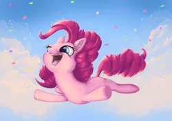 Size: 2388x1668 | Tagged: safe, artist:pinkocean93, derpibooru import, pinkie pie, earth pony, pony, blue eyes, celebration, cloud, confetti, cute, diapinkes, ear fluff, female, happy, jumping, mare, open mouth, simple background, sky, smiling, solo, teeth