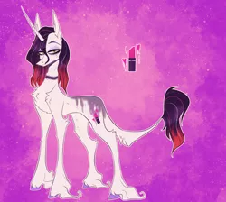 Size: 2326x2081 | Tagged: safe, artist:iheyyasyfox, derpibooru import, oc, unofficial characters only, pony, unicorn, choker, female, fluffy, horn, looking at you, magical lesbian spawn, mare, offspring, parent:rarity, parent:sunset shimmer, parents:sunsarity, pink background, simple background, solo, unshorn fetlocks