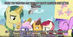 Size: 1440x739 | Tagged: safe, derpibooru import, edit, edited screencap, screencap, amethyst star, caramel, dandy dispatch, overcast (character), rainbowshine, roseluck, pony, fame and misfortune, bronies in a nutshell, caption, female, image macro, implied fluttershy, implied pinkie pie, implied rainbow dash, mare, meme, text