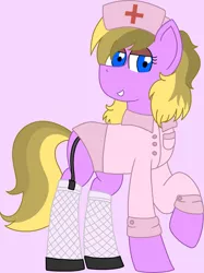 Size: 1534x2048 | Tagged: safe, artist:finnythewolfie, derpibooru import, oc, oc:amber bright, unofficial characters only, earth pony, happy, nurse, outfit, simple background, smiling