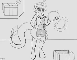 Size: 2300x1800 | Tagged: safe, artist:novaspark, derpibooru import, oc, oc:nova spark, unofficial characters only, anthro, monster pony, original species, tatzlpony, clothes, female, implants, lab coat, self insert, sketch, solo