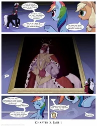 Size: 1200x1552 | Tagged: safe, artist:deusexequus, derpibooru import, idw, applejack, king vorak, lord tirek, rainbow dash, centaur, earth pony, pegasus, pony, comic:fix, applejack is not amused, comic, female, marble floor, mare, painting, reflection, speech bubble, unamused, young tirek, younger