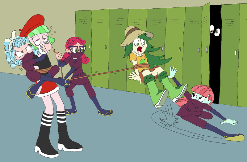 Size: 1474x963 | Tagged: safe, artist:bugssonicx, derpibooru import, alizarin bubblegum, cozy glow, melon mint, sweet leaf, watermelody, equestria girls, bondage, bow, brightly colored ninjas, canterlot high, captured, chloroform, crystal prep academy students, female, fight, implied derpy hooves, kunoichi, lasso, locker, martial arts, mask, ninja, rope, sandals, surprised, sweep kick