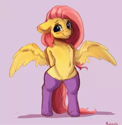 Size: 2815x2887 | Tagged: safe, artist:miokomata, derpibooru import, fluttershy, pegasus, pony, semi-anthro, arm behind back, belly button, blushing, chest fluff, clothes, cute, female, floppy ears, freckles, freckleshy, high res, hooves behind back, looking at you, purple background, shyabetes, simple background, socks, solo, spread wings, wings