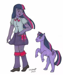 Size: 1080x1285 | Tagged: safe, alternate version, artist:nwladybugart, derpibooru import, twilight sparkle, pony, unicorn, equestria girls, clothes, colored hooves, cutie mark, cutie mark on clothes, duo, female, human ponidox, looking down, mare, rearing, self ponidox, shoes, signature, simple background, skirt, smiling, transparent background, unicorn twilight, white background