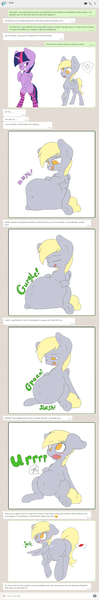 Size: 768x4662 | Tagged: suggestive, artist:blueblaze95, derpibooru import, derpy hooves, twilight sparkle, twilight sparkle (alicorn), alicorn, pegasus, pony, absorption, belly, big belly, blushing, bubble butt, burp, butt, clothes, comic, derpypred, digestion, dock, female, implied death, implied rainbow dash, implied reformation, mare, plot, preylight, same size vore, sentient fat, socks, stomach noise, text message, vore, weight gain