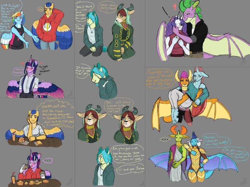 Size: 1280x960 | Tagged: safe, artist:theartfox2468, derpibooru import, flash sentry, ocellus, princess ember, rainbow dash, rarity, sandbar, smolder, spike, thorax, twilight sparkle, twilight sparkle (alicorn), yona, alicorn, anthro, changedling, changeling, blushing, bridal carry, burger, carrying, clothes, colored wings, dragon lord ember, embrax, female, flashlight, food, gray background, hay burger, headcanon, hoodie, interspecies, king thorax, lesbian, male, multicolored wings, shipping, simple background, smolcellus, sparity, straight, twilight burgkle, wings, yonabar