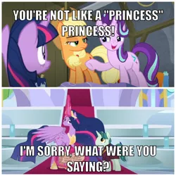 Size: 1440x1440 | Tagged: safe, derpibooru import, edit, edited screencap, screencap, applejack, princess twilight 2.0, professor mossmane, professor mosstone, starlight glimmer, twilight sparkle, twilight sparkle (alicorn), alicorn, pony, horse play, the last problem, caption, female, image macro, mare, meme, older, older twilight, text