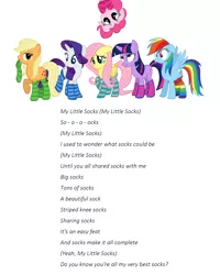 Size: 1228x1536 | Tagged: suggestive, artist:flare-chaser, derpibooru import, edit, applejack, fluttershy, pinkie pie, rainbow dash, rarity, twilight sparkle, unicorn, clothes, female, intro, lyrics, mane six, rainbow socks, simple background, socks, striped socks, text, twilight is not amused, unamused, unicorn twilight, white background